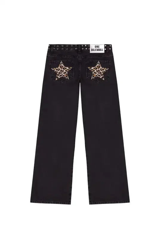 Gothic Womens ONE DILEMMA Jeans Y2K Clothes Hip Hop Five Pointed Star Sequin Rivet Fashion Casual Baggy Jeans Straight Trousers