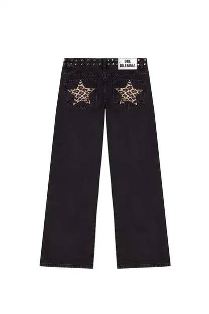 Gothic Womens ONE DILEMMA Jeans Y2K Clothes Hip Hop Five Pointed Star Sequin Rivet Fashion Casual Baggy Jeans Straight Trousers