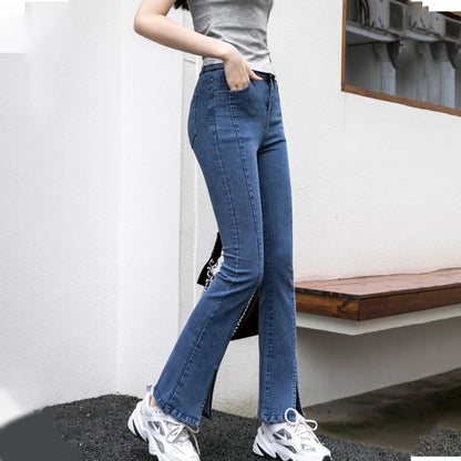 Women Fashion Split Micro Flared Jeans Korean Skinny High Waist Slim Denim Pants Simple Versatile Solid Stretchy Jean Trousers