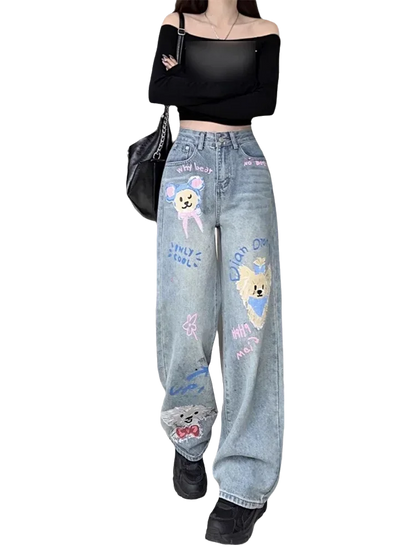 New Loose Slim Women Jeans  Blue Ins Casual Loose Straight Pants Female Chicly Summer Fashion Street High Waist Woman Jeans