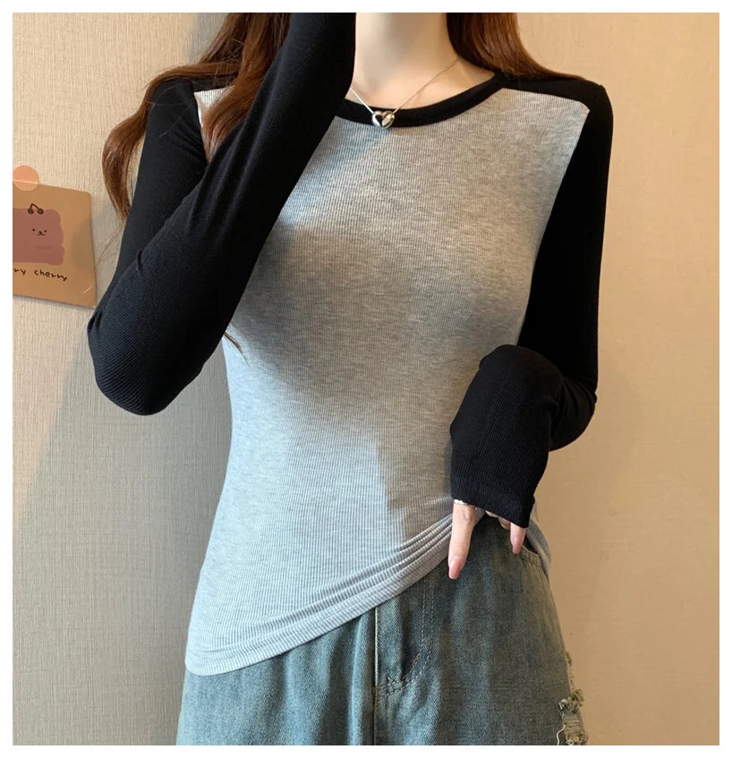 Spring Autumn Tops for Women Tshirt Turn Down Collar Long Sleeve Beige Blue Chic Y2k Fashion Patchwork 2025 T Shirts