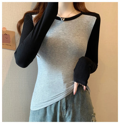 Spring Autumn Tops for Women Tshirt Turn Down Collar Long Sleeve Beige Blue Chic Y2k Fashion Patchwork 2025 T Shirts
