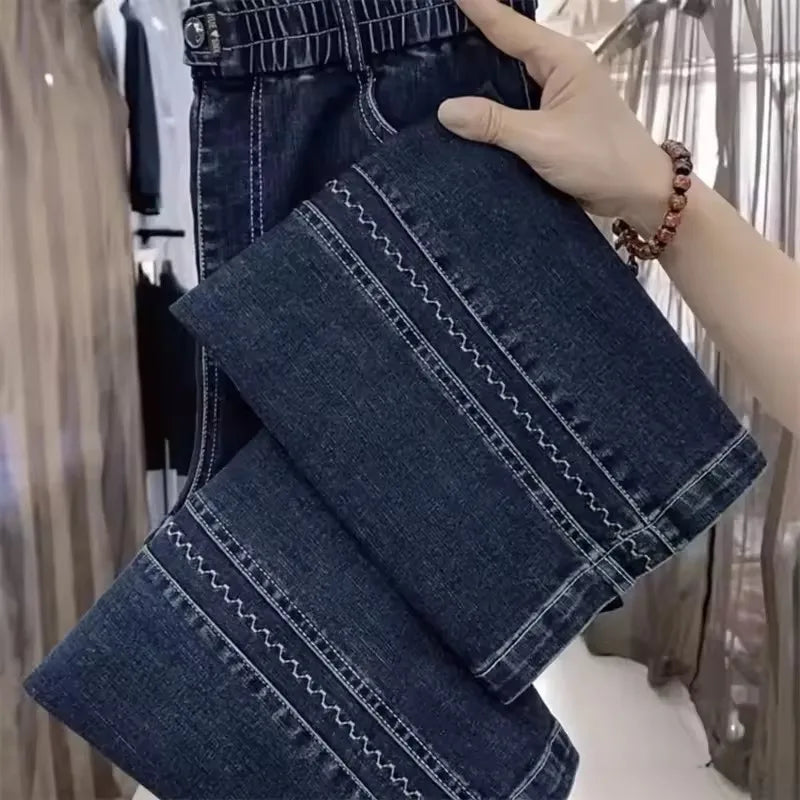 Fashion Women Jeans 2025 New Spring Autumn Korean Wild Elastic Waist Straight Denim Pants Female Trousers Female