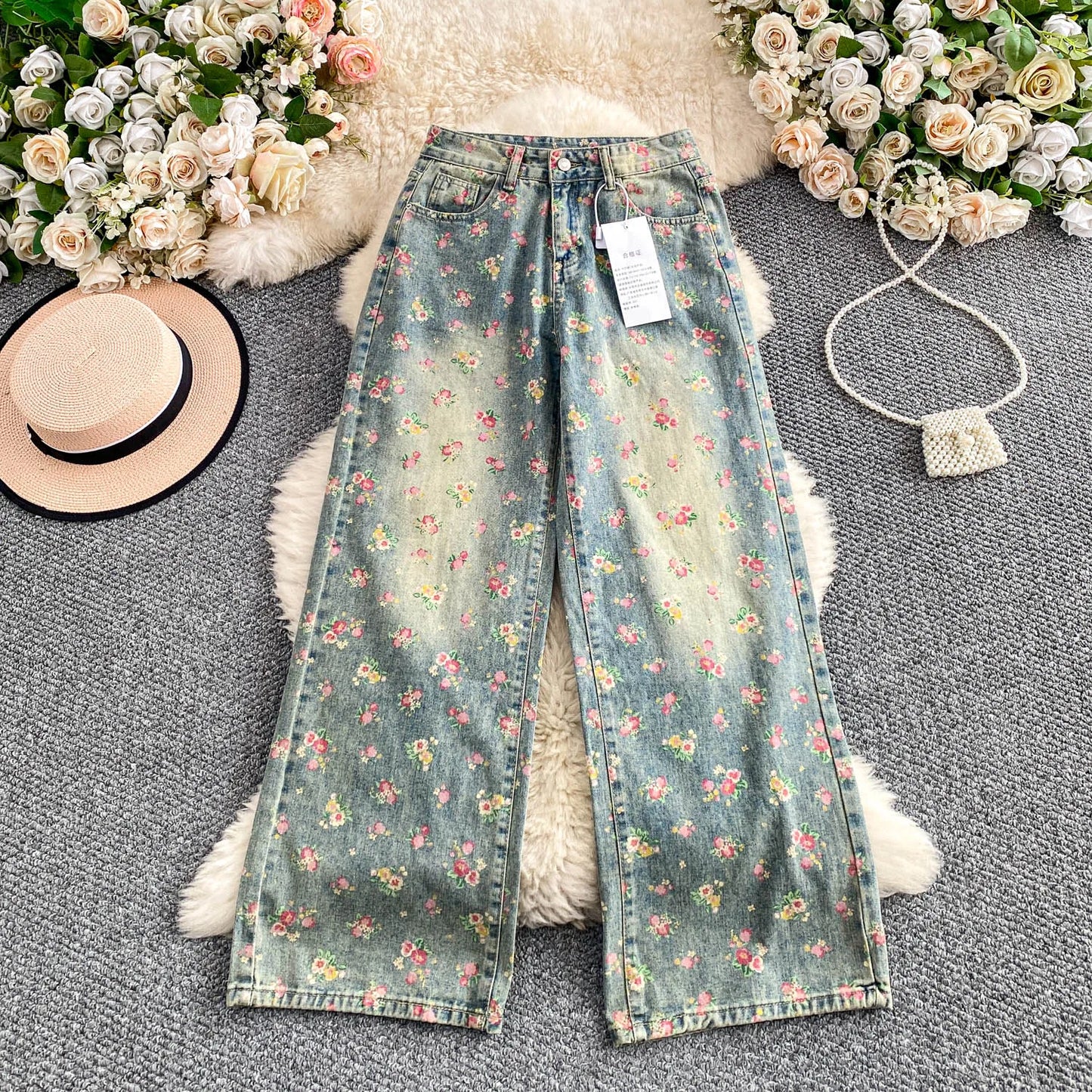Women's Fashion Floral Print Denim Pants Colorful Flower Wide Leg Trousers Female Spring Autumn Versatile High Waist Blue Jeans