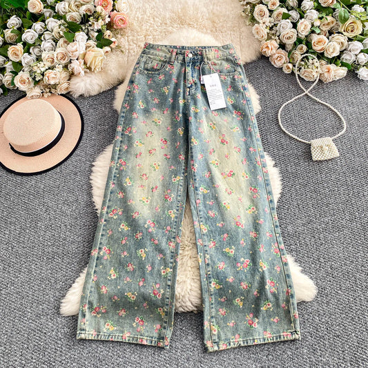 Women's Fashion Floral Print Denim Pants Colorful Flower Wide Leg Trousers Female Spring Autumn Versatile High Waist Blue Jeans