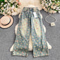Women's Fashion Floral Print Denim Pants Colorful Flower Wide Leg Trousers Female Spring Autumn Versatile High Waist Blue Jeans