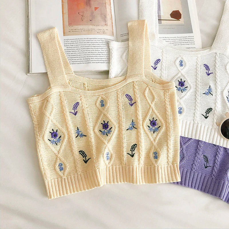 HELIAR Women Flower Embroidery Knitted Crop Tops Women Casual Tube Tops Casual Ribbed Cute Tops Crop Tops Women 2024 Summer
