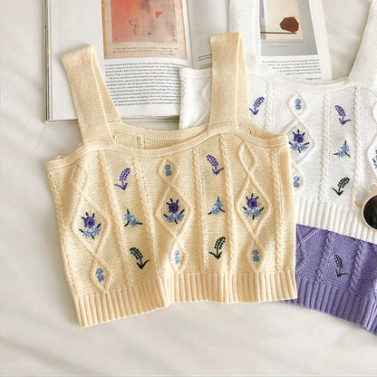 HELIAR Women Flower Embroidery Knitted Crop Tops Women Casual Tube Tops Casual Ribbed Cute Tops Crop Tops Women 2024 Summer
