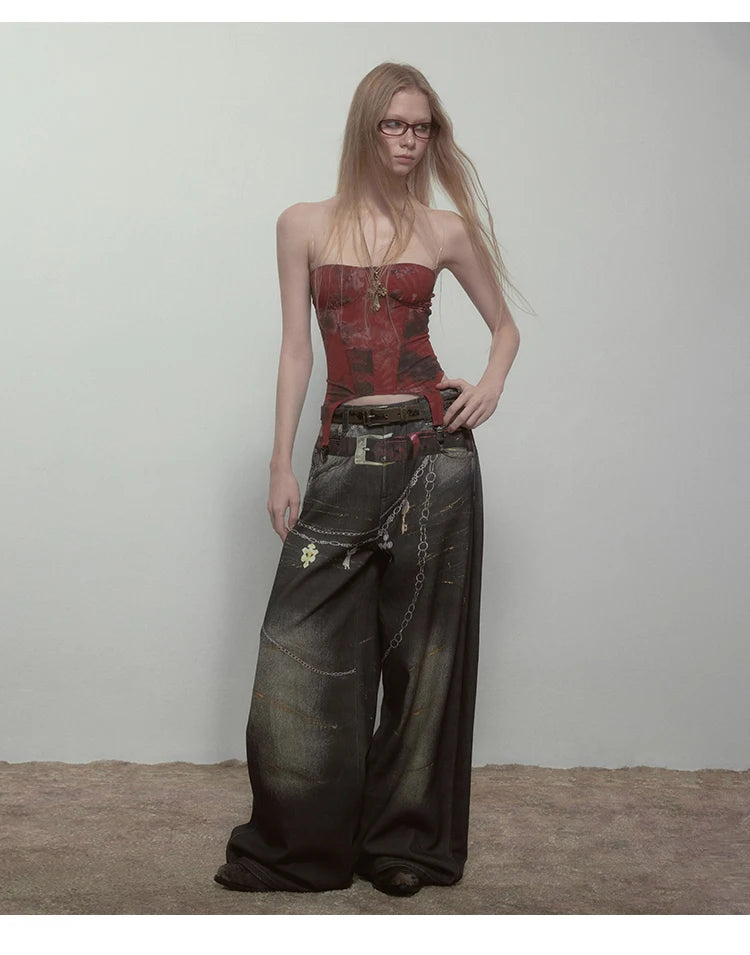 High Quality Hot Selling Wholesale 2025 New Virtual Digital Printed Retro Fashionable Personalized Wide Leg Jeans Pants Women