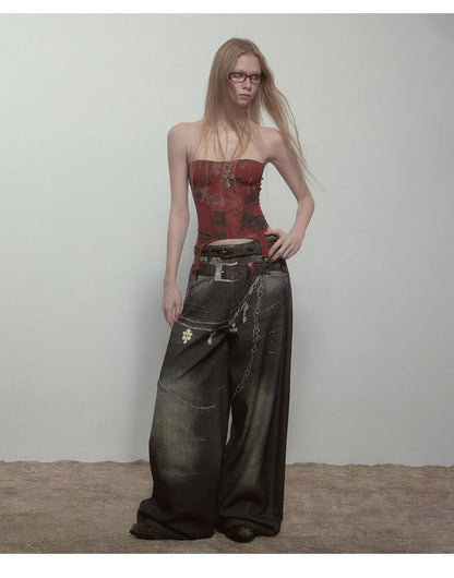 High Quality Hot Selling Wholesale 2025 New Virtual Digital Printed Retro Fashionable Personalized Wide Leg Jeans Pants Women