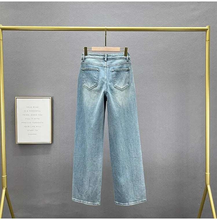 Fashion Women Blue Jeans High Waist Diamond Studded Straight Denim Pants Spring Summer Female Chic Trousers