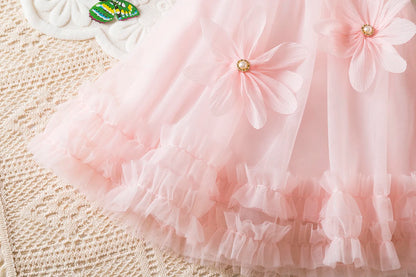 Toddler Girl Princess Dress Pink Flower Decorated Sleeveless Gauze Dress Elegant Girl Wedding Party Dress for Party