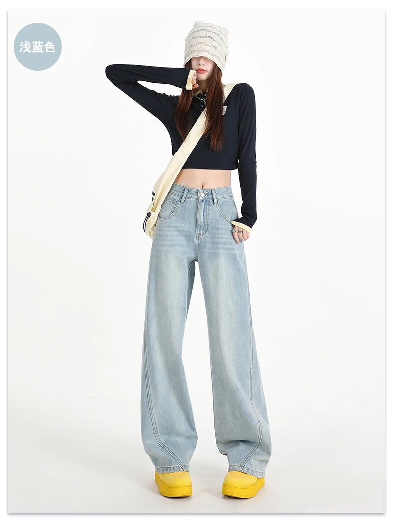Woman Jeans High Waist Wide Leg Cotton Denim Clothing Design Sense Straight Pant Fashion Comfort White Retro Blue Casual Trouser