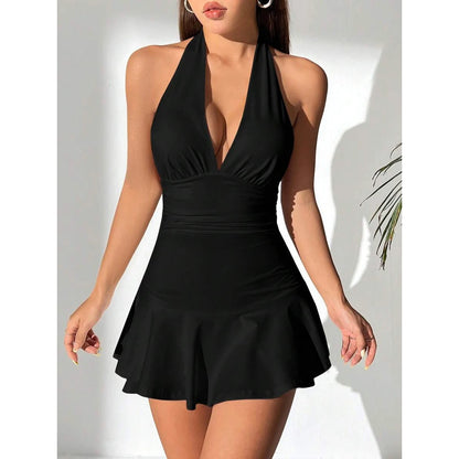 Women's Deep V-Neck Low-Cut Belly-Shading Thin Hanging Neck Short Dress Sexy Backless Dress with Bottoms