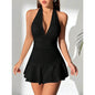 Women's Deep V-Neck Low-Cut Belly-Shading Thin Hanging Neck Short Dress Sexy Backless Dress with Bottoms