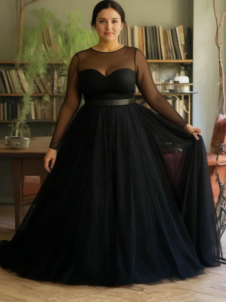 Women's Plus Size Mesh Evening Dress Long Sleeve See Through High Waist Pleated A-Line Elegant Wedding Guest Black Maxi Dresses