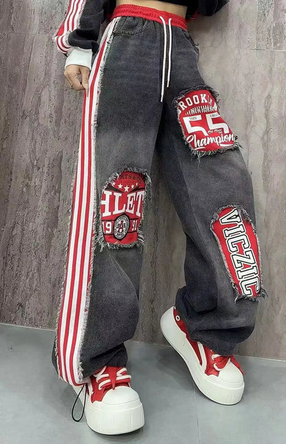 European Style Women's Jeans 2025 Autumn New Heavy-Duty Distressed Frayed Edge Letter Print Drawstring Long Pants Jeans Woman