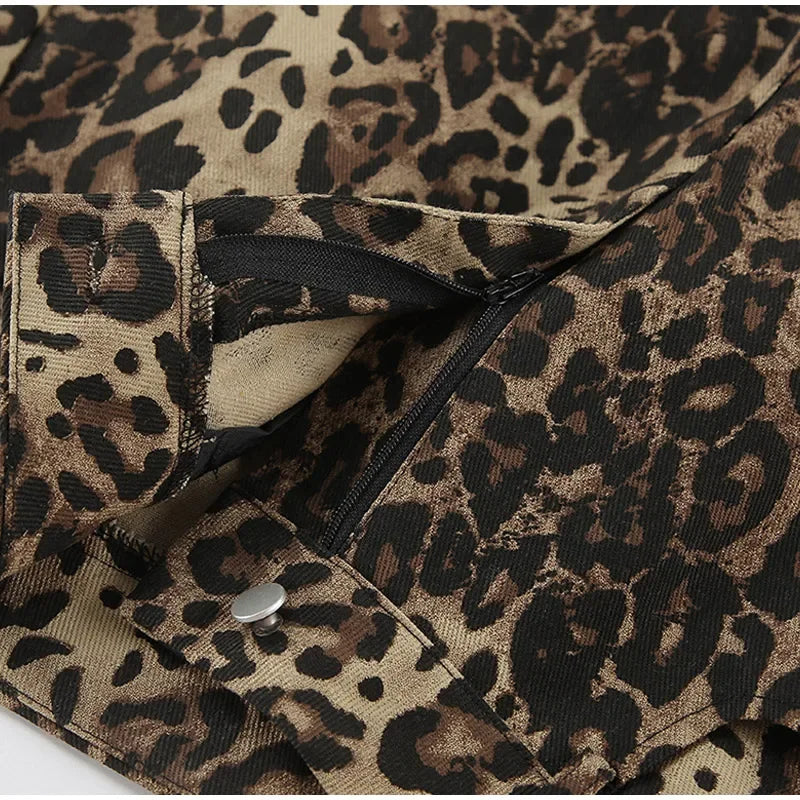 High-Waisted Leopard Print Denim Jeans for Women Retro Slim Straight Leg Trousers Vintage Y2k Hip Hop Streetwear Lady Fashion