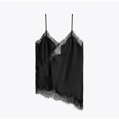 Summer Women Halter Top Satin Lace Spliced Tank Backless Deep Neck Sexy Vest Irregular Hem Vestidos 2025 Lady Vacation Sexy Tops