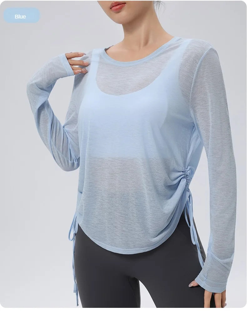 Thin Sunscreen Clothes Yoga Loose Top Drawstring Long Sleeve T-shirt Women's Gym Outdoor Exercise Clothing