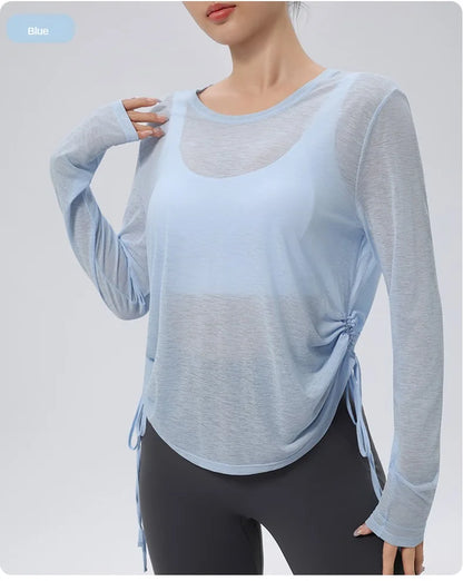 Thin Sunscreen Clothes Yoga Loose Top Drawstring Long Sleeve T-shirt Women's Gym Outdoor Exercise Clothing