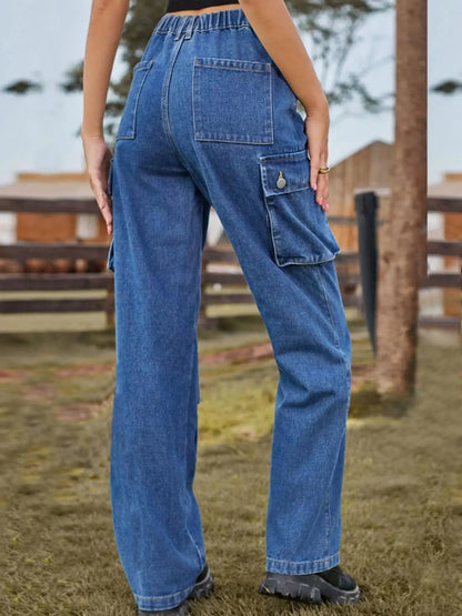 Women's High-Waisted Street Cargo Jeans Baggy Wide-Leg Pants Trendy Fashion Casual Blue Denim Trousers, Suitable for Gatherings,