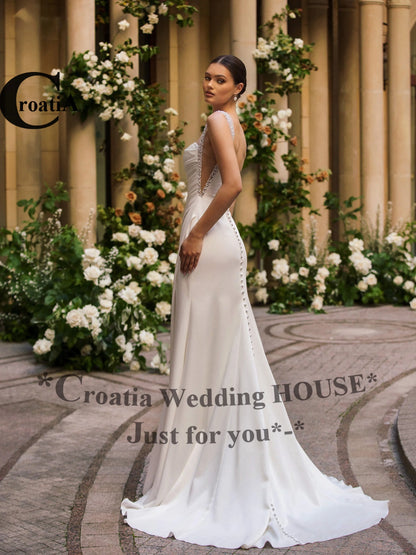 Croatia Charming Satin Wedding Dresses with Slit for Women Beadings A-Line Goddess Bride Vestidos De Novia Plus Customized