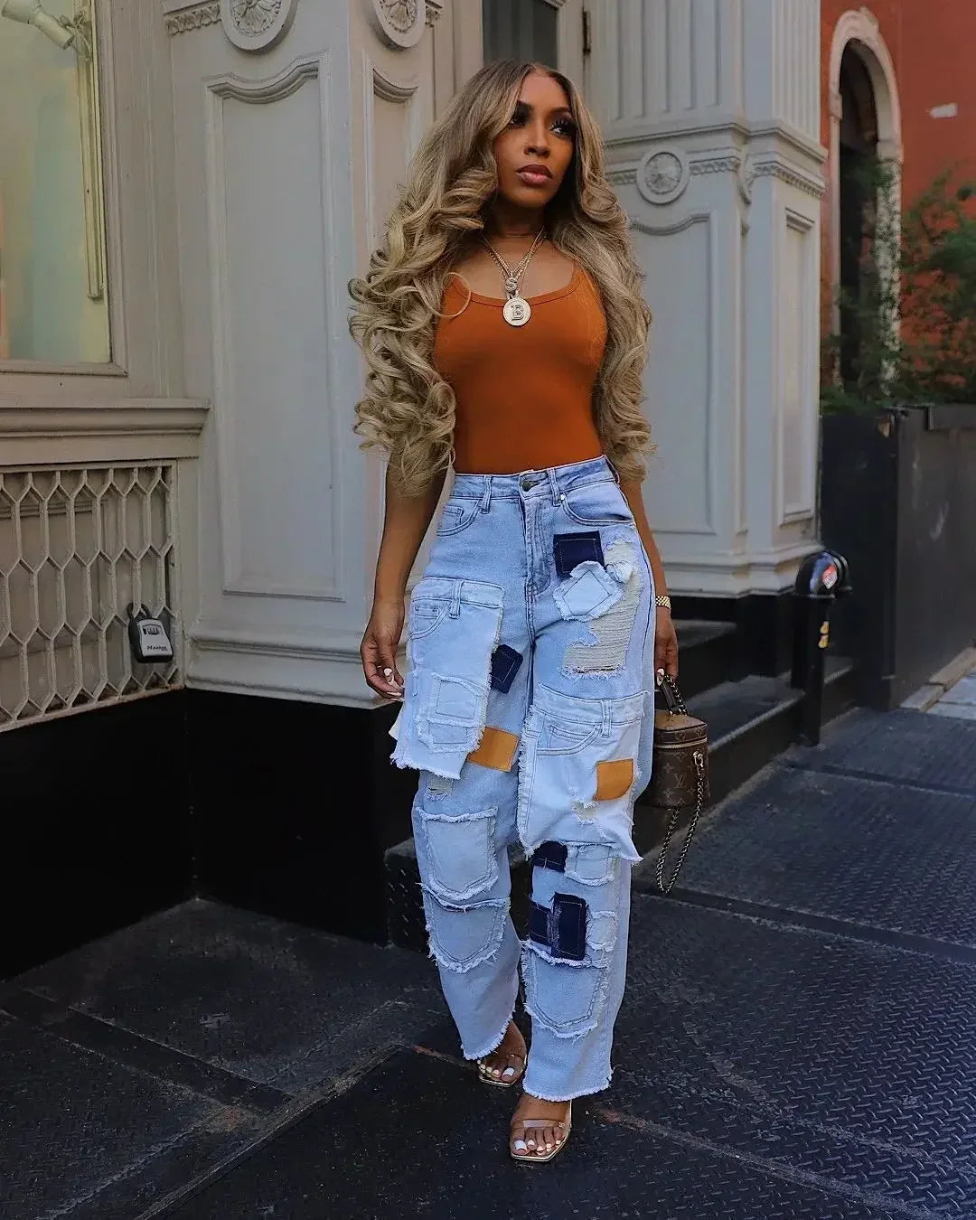 Women Streetwear Cargo Straight Denim Pocket Patchwork Wide Leg Jeans Pants Fall Fashion Ripped Out Party Trousers