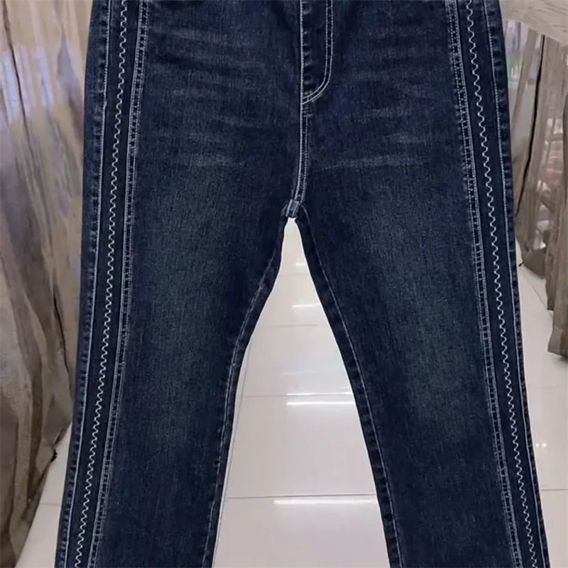 Fashion Women Jeans 2025 New Spring Autumn Korean Wild Elastic Waist Straight Denim Pants Female Trousers Female