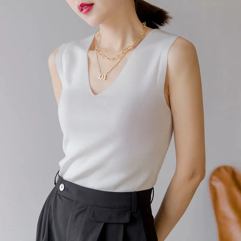 AOSSVIAO 2025 Summer Women Knitted Tank Tops Women Thin Tops Basic Casual Tank Tops V-neck Tees Sleeveless Tops For Women