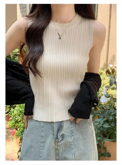 Sleeveless Blouse Shirt Women O-neck Rib Knit Vest Tank Plain Vest Tops Summer Female Basic Casual Tops Outfit