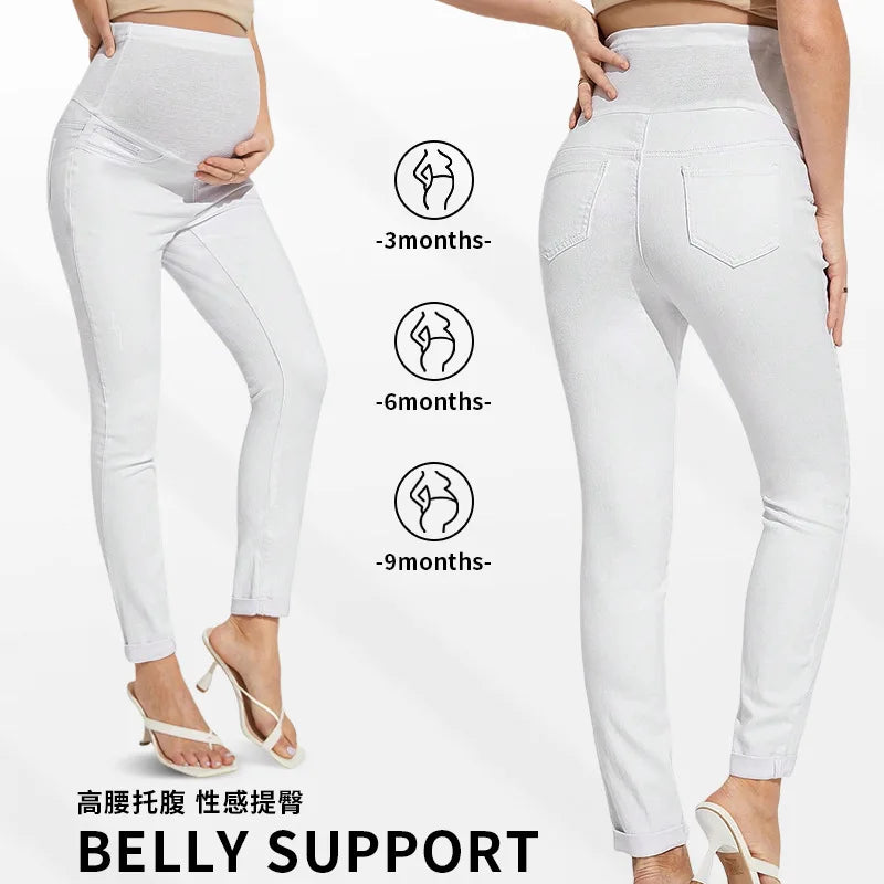 Maternity Women High Waist Support Belly Jeans Fall Pregnant Hip Lifting Elastic Denim Pants Daily Work Wear Streetwear Trousers