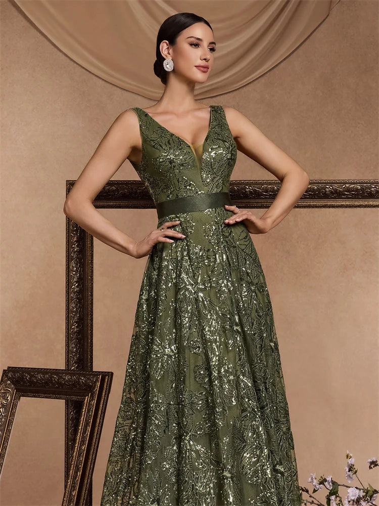 Luxury Sexy Deep V-Neck Sequins Blue Evening Dresses Women Elegant V-back Wedding Party Long Prom Cocktail Dress