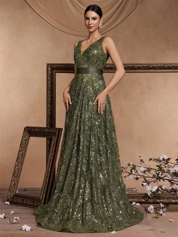 Luxury Sexy Deep V-Neck Sequins Blue Evening Dresses Women Elegant V-back Wedding Party Long Prom Cocktail Dress