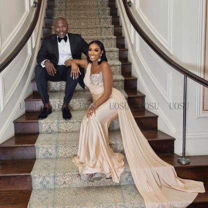 Bridesmaid Dress Champagne One Shoulder Mermaid Bridesmaid Gown for Wedding Draped Beading Women's Formal Evening Dresses Long