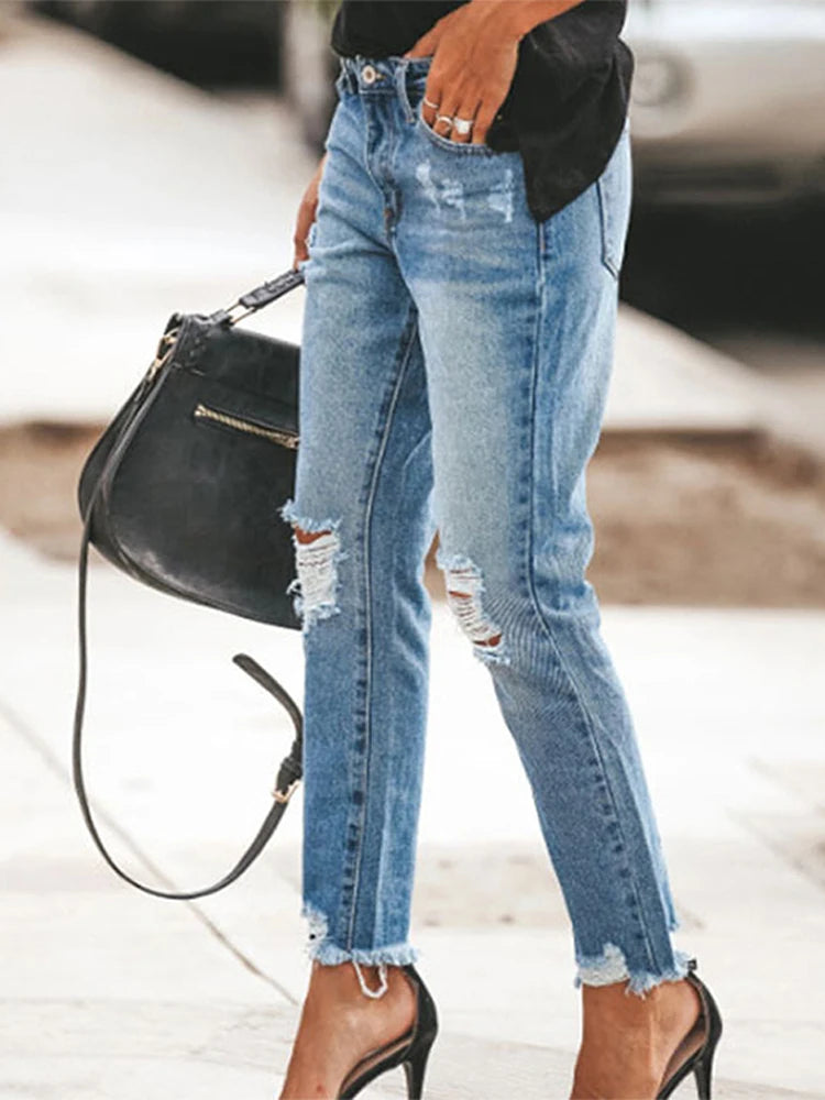 Casual Straight Jeans Women High Waisted Washed Skinny Ripped Slim Denim Pants 2025 Autumn Fashion Trend Commute Lady Trousers