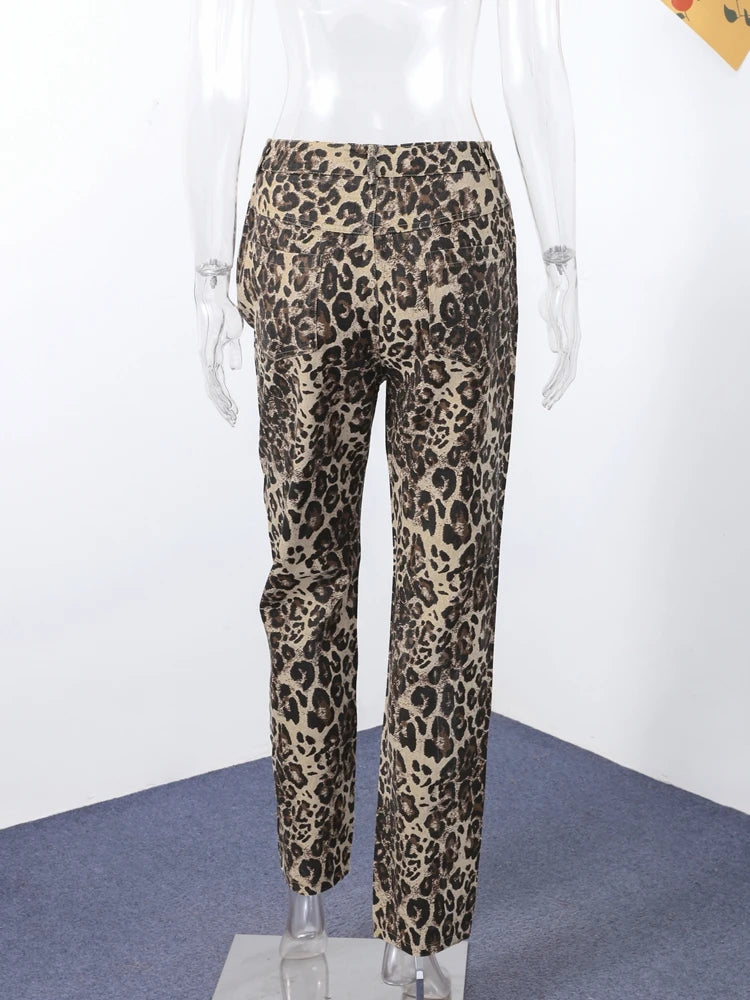 High-Waisted Leopard Print Denim Jeans for Women Retro Slim Straight Leg Trousers Vintage Y2k Hip Hop Streetwear Lady Fashion