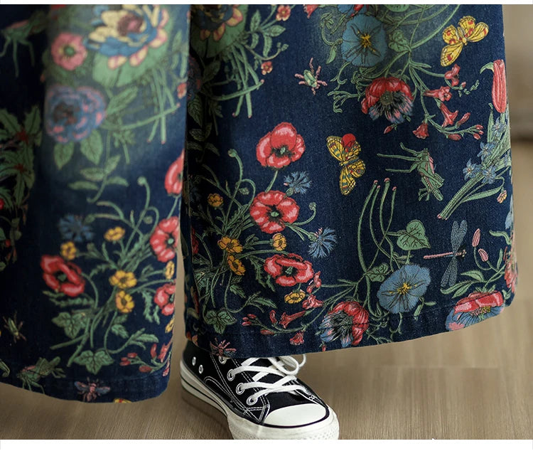 Jeans Flower Floral Print Autumn Wide Leg Pant Women Loose Pleated Fashion Ladies Oversized Trousers Elastic Waist Woman Pants
