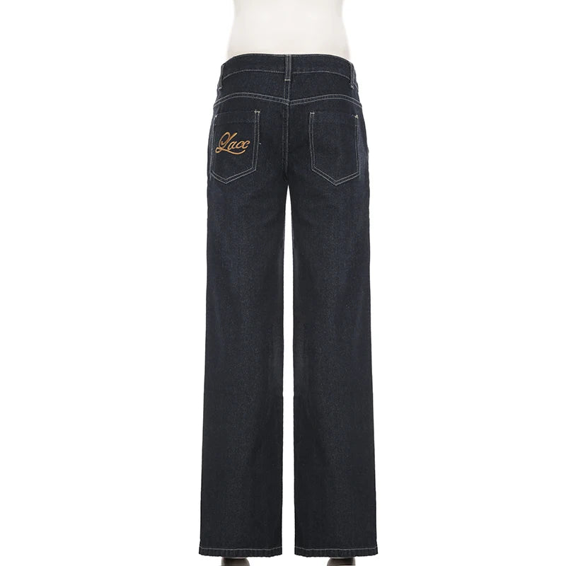 Women's Slim Fit Flared Jeans Y2K Vintage Low Rise Stretch Denim Pants with Embroidery Distressed Style for Everyday Outfits