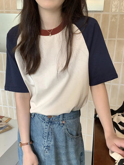 Summer Tops for Women Tshirt Turn Down Collar Short Sleeve Beige Blue Chic Y2k Fashion Patchwork 2026 T Shirts