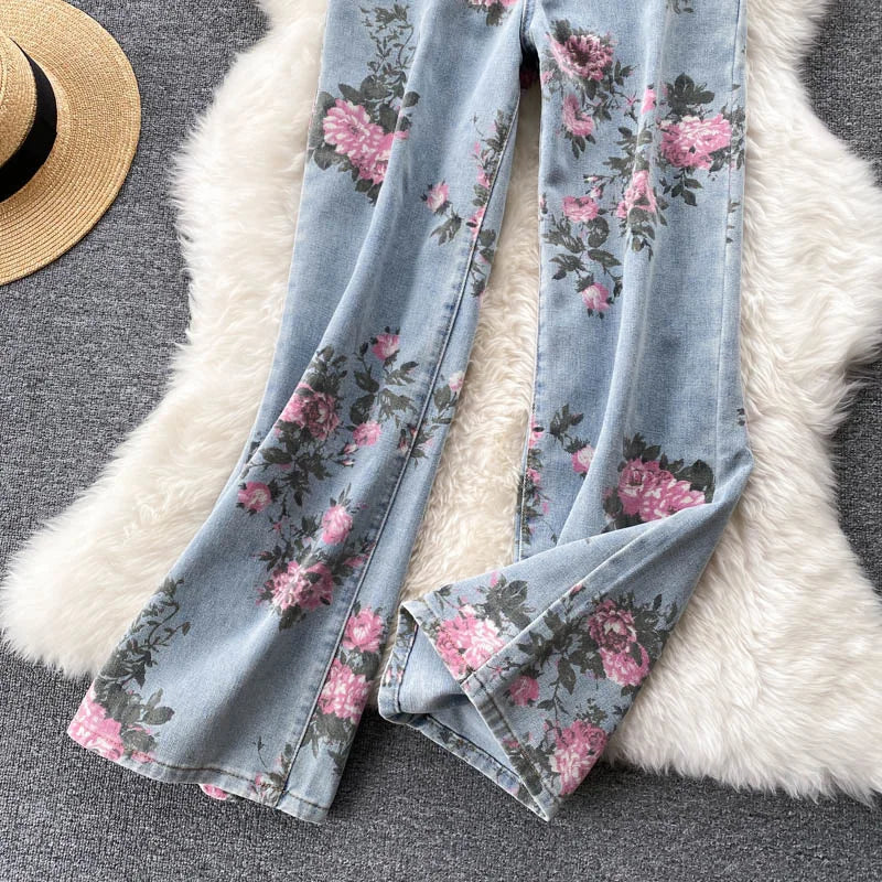 Flowers Print Jeans Women Vintage High Waist Denim Long Pants 2025 Fashion Autumn Casual Wide Leg Full Length Denim Trousers