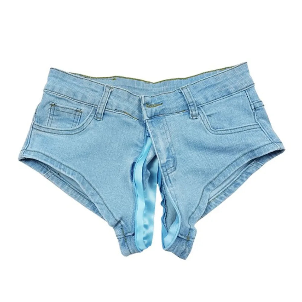 Low Waist Jeans Outdoor Open Crotch Sex Pants Women's Cute Letters Printed Ins Sheath Split Mini Shorts Denim ripped