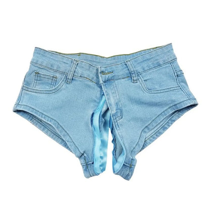 Low Waist Jeans Outdoor Open Crotch Sex Pants Women's Cute Letters Printed Ins Sheath Split Mini Shorts Denim ripped