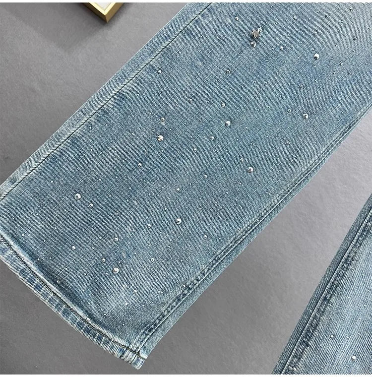 Fashion Women Blue Jeans High Waist Diamond Studded Straight Denim Pants Spring Summer Female Chic Trousers