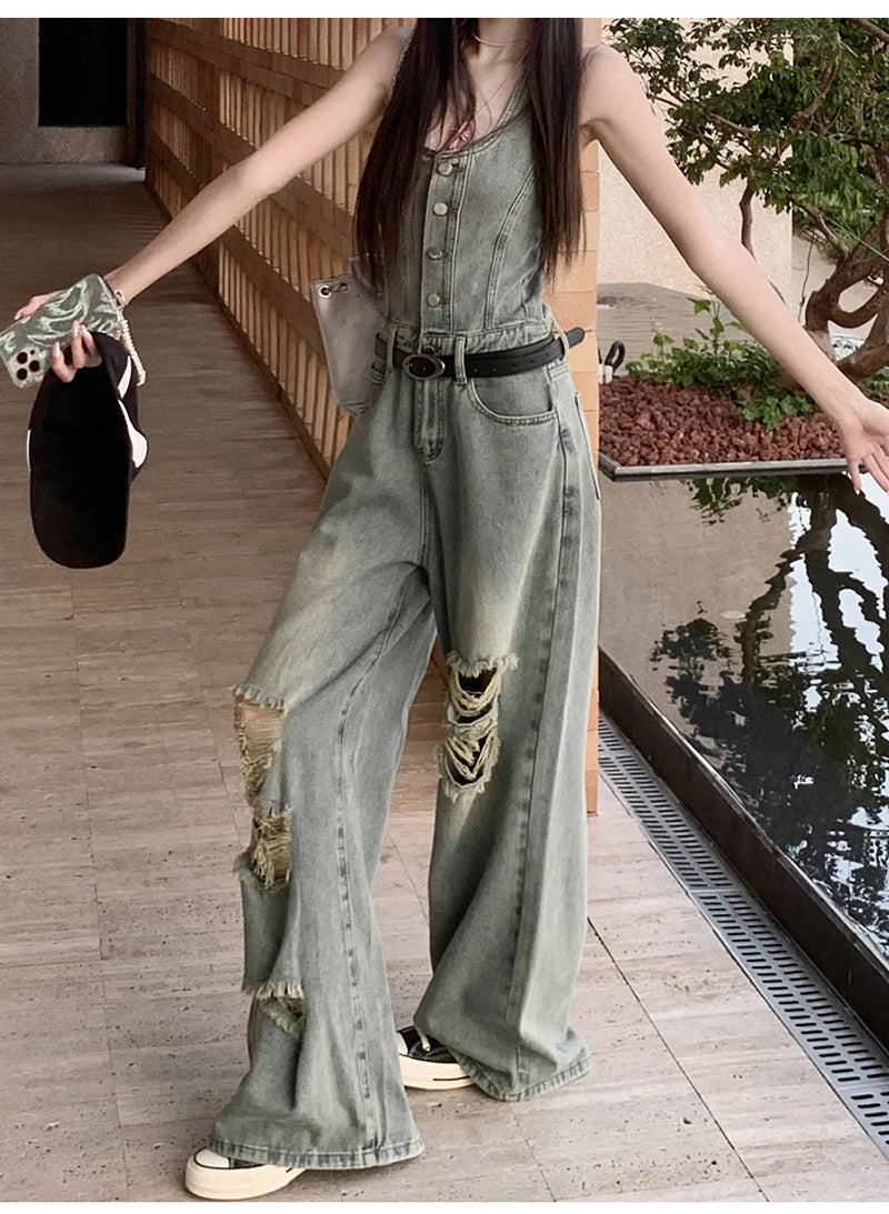 Women's Casual Denim Overalls Vintage Button Down Sexy Backless Holes Hollow Out Ripped Denim Full Pants Female 2024 New Jeans