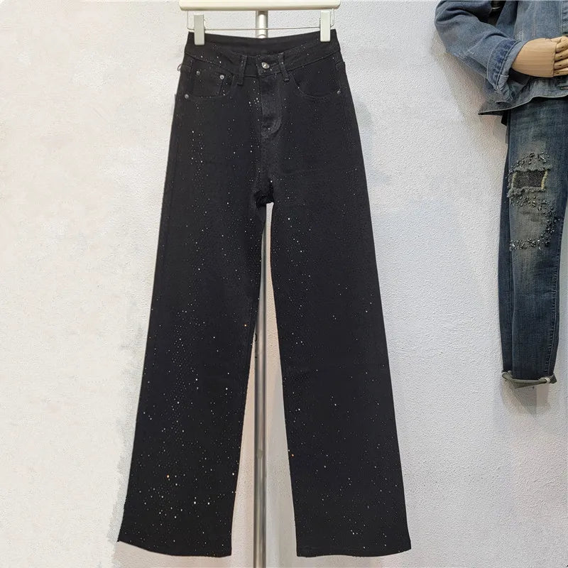 2025 New Fashion Summer Women's Jeans High Waist Single Sided Full Rhinestone Black Straight Wide Leg Denim Pants