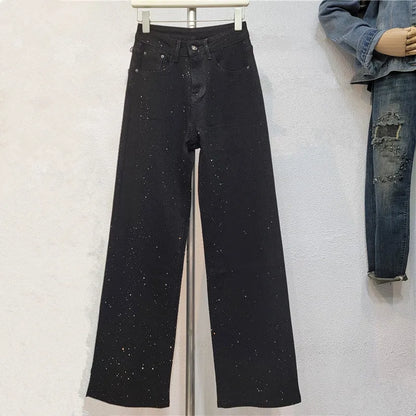 2025 New Fashion Summer Women's Jeans High Waist Single Sided Full Rhinestone Black Straight Wide Leg Denim Pants