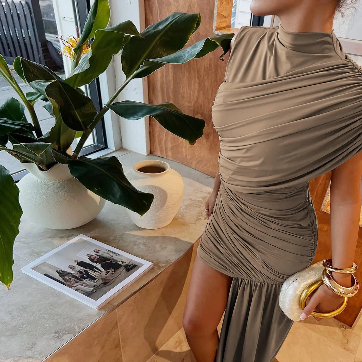 Irregular Draped Ruched Sexy Mini Dress For Women Turtleneck Sleeveless Pleated Slim Party Dress Female Holiday Beach Dresses