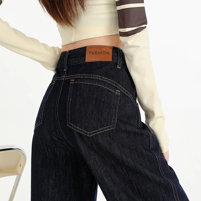 Woman Jeans High Waist Wide Leg Cotton Denim Clothing Design Sense Straight Pant Fashion Comfort White Retro Blue Casual Trouser
