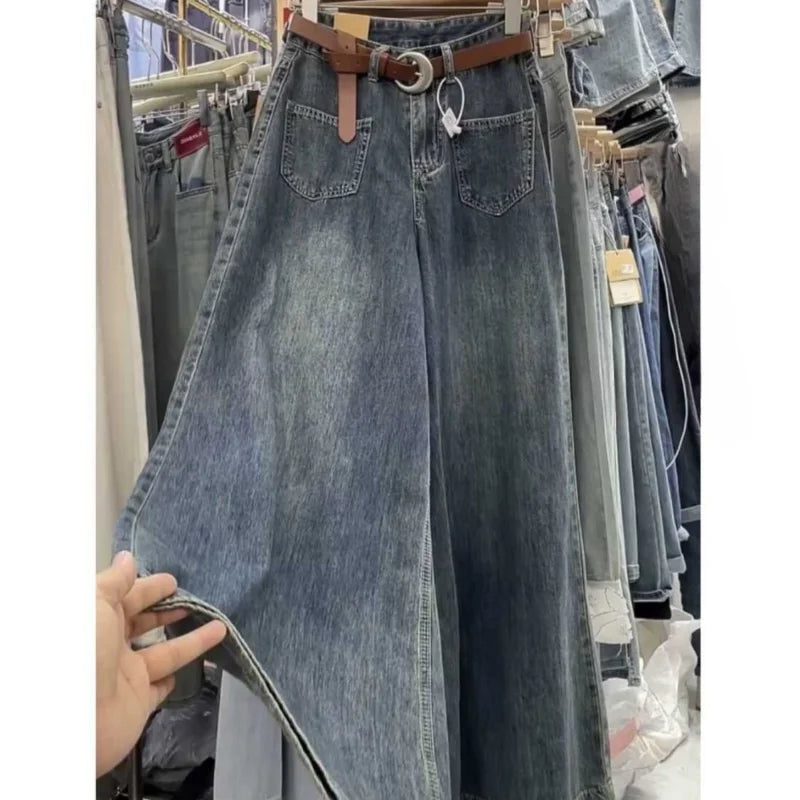 Wide-leg Jeans Women's Summer Thin 2024 New High-waisted Slimming Big Horn Loose Draping Mop Trouser Skirt Tide Women's Clothing